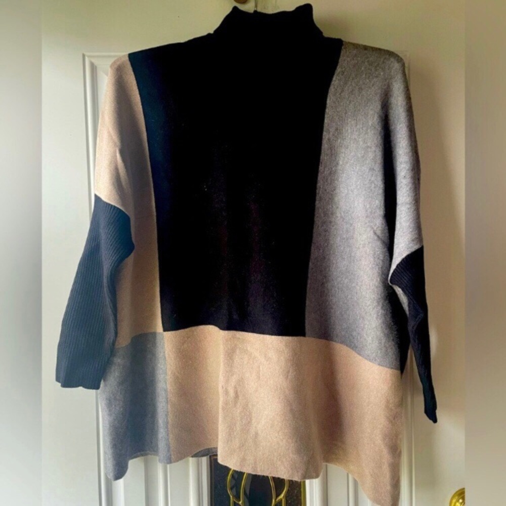 Joseph Abboud Colorblock Turtleneck Sweater - Black, Gray, Beige - Picture 3 of 4